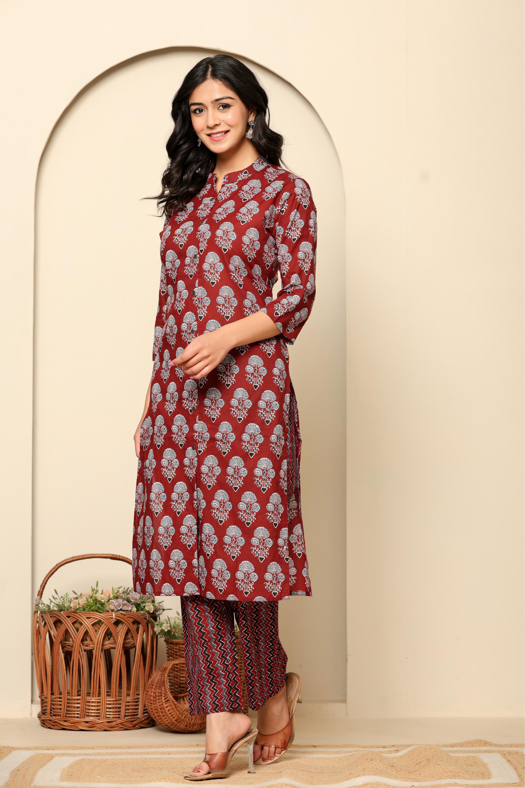 Maroon Printed Cotton Kurta Set - qivii