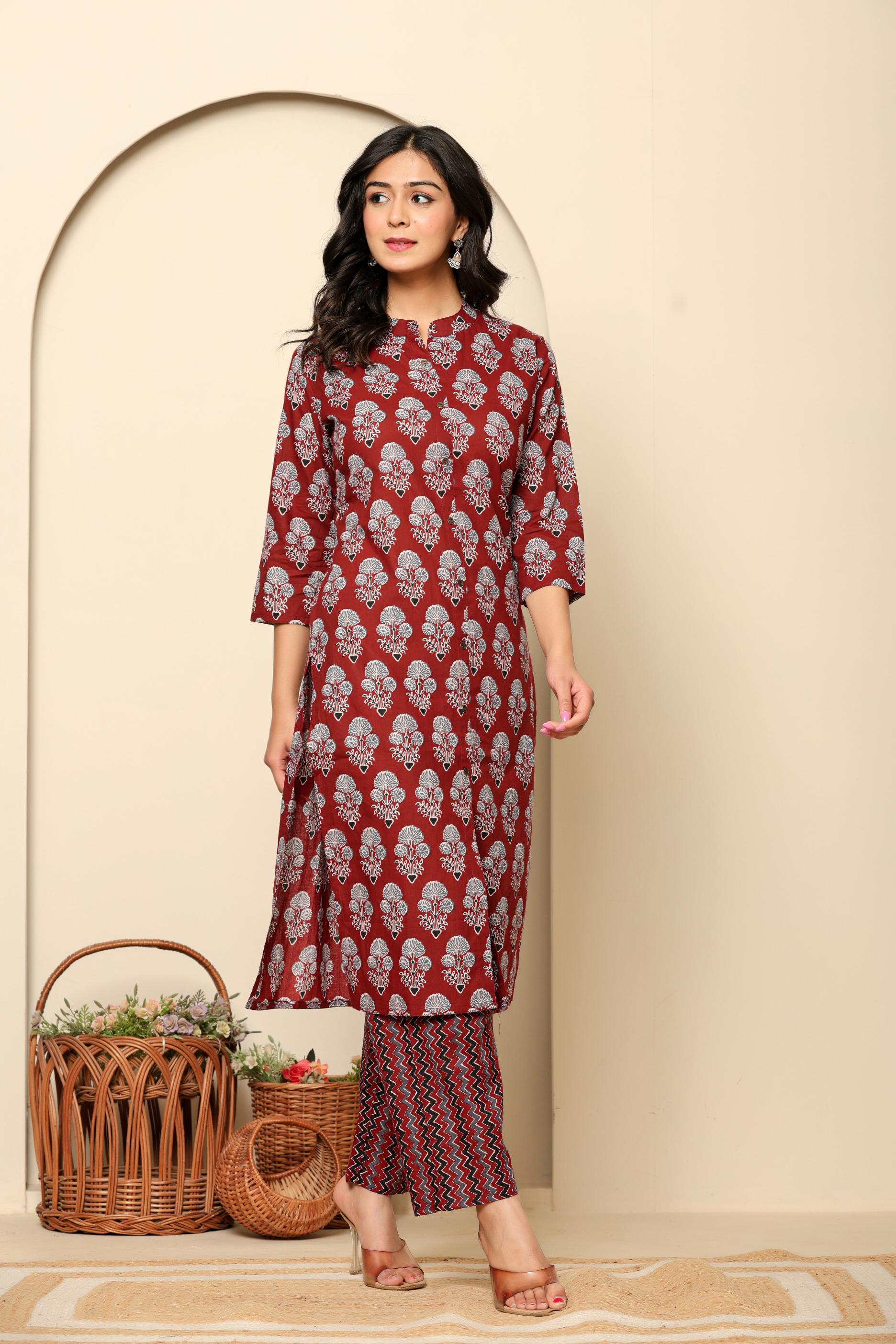 Maroon Printed Cotton Kurta Set - qivii