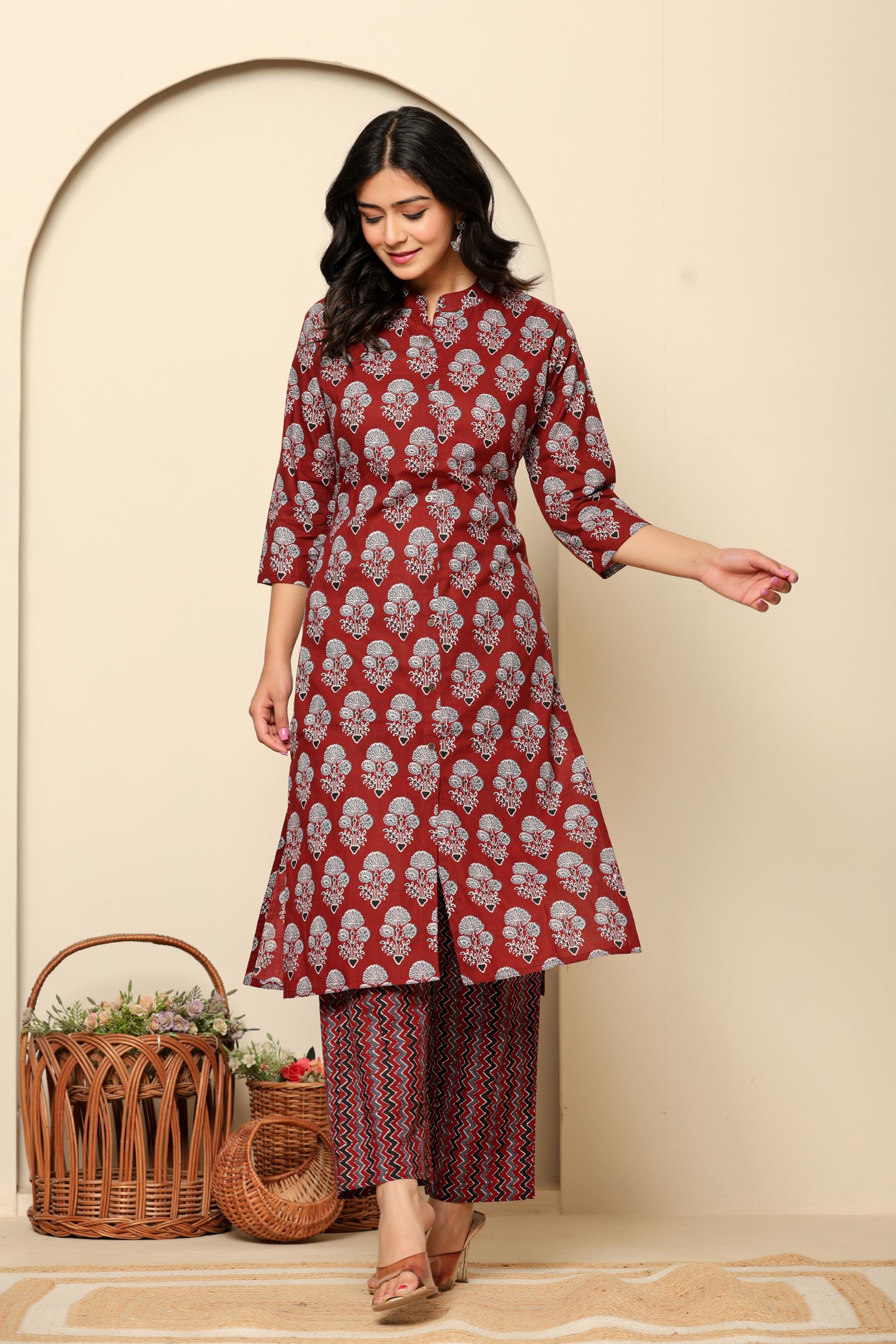 Maroon Printed Cotton Kurta Set - qivii