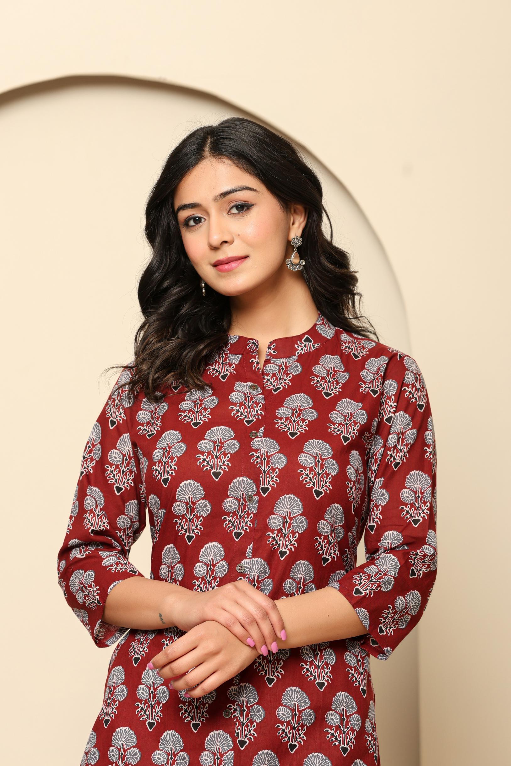 Maroon Printed Cotton Kurta Set - qivii