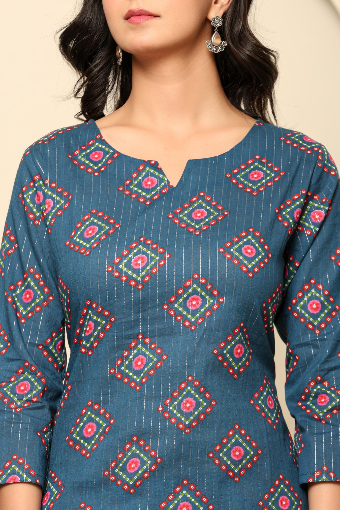 Navy Blue Printed Cotton Kurta Set - qivii