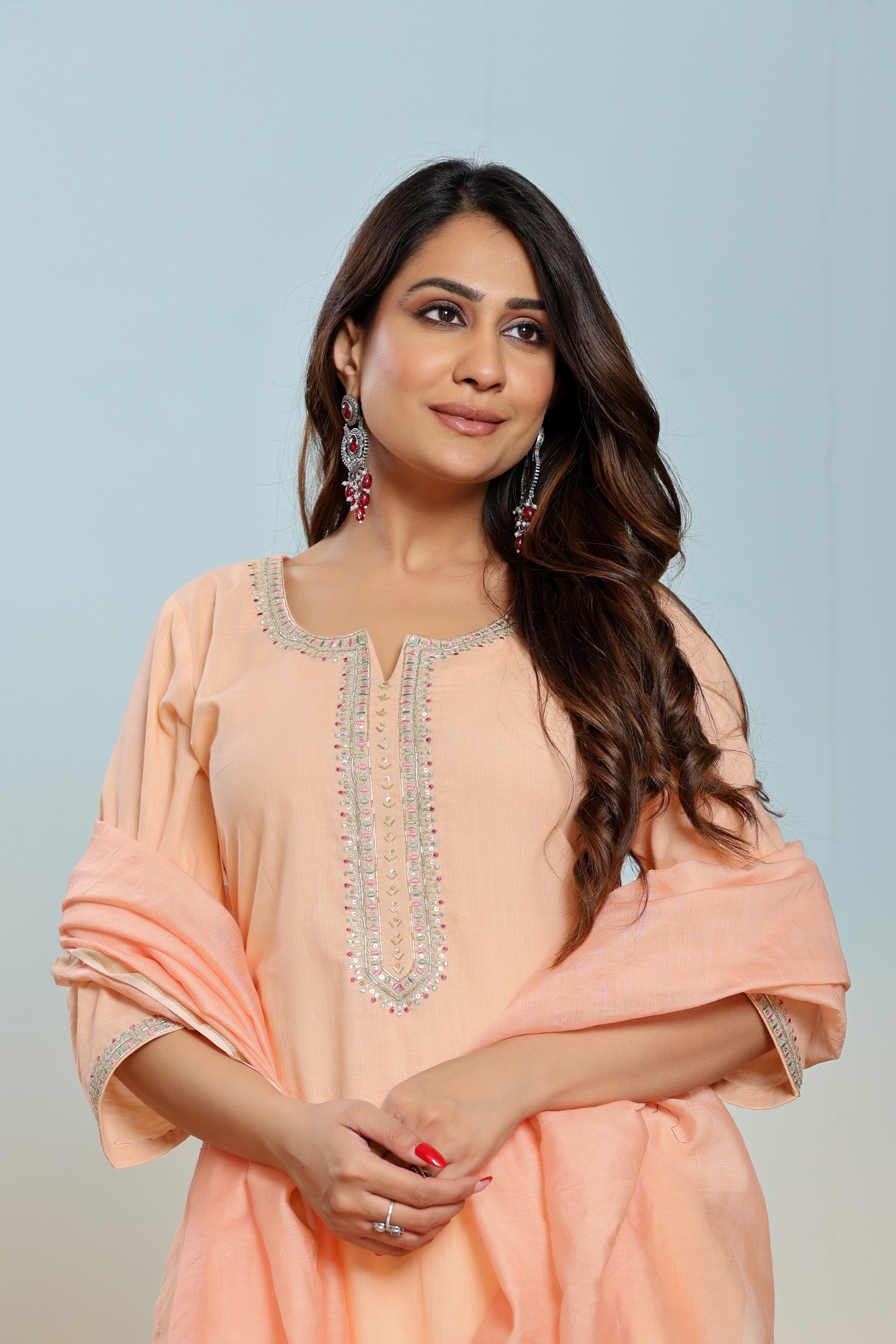 Peach Nectar Embroidered Cotton Suit Set  - By Ragavi - qivii