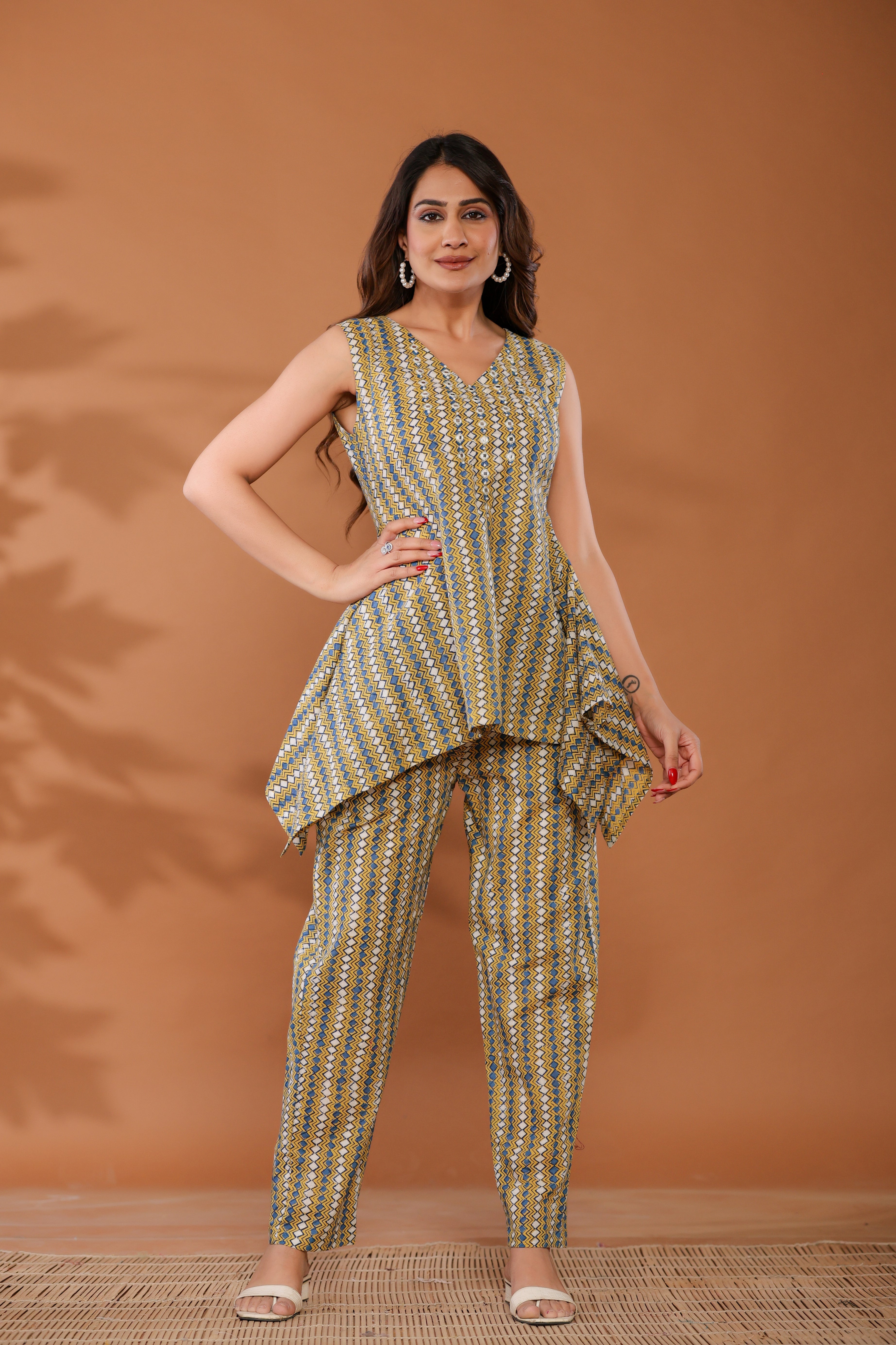Golden Haze Yellow Cotton Hand Block Printed Co- Ord Set  - By Ragavi - qivii