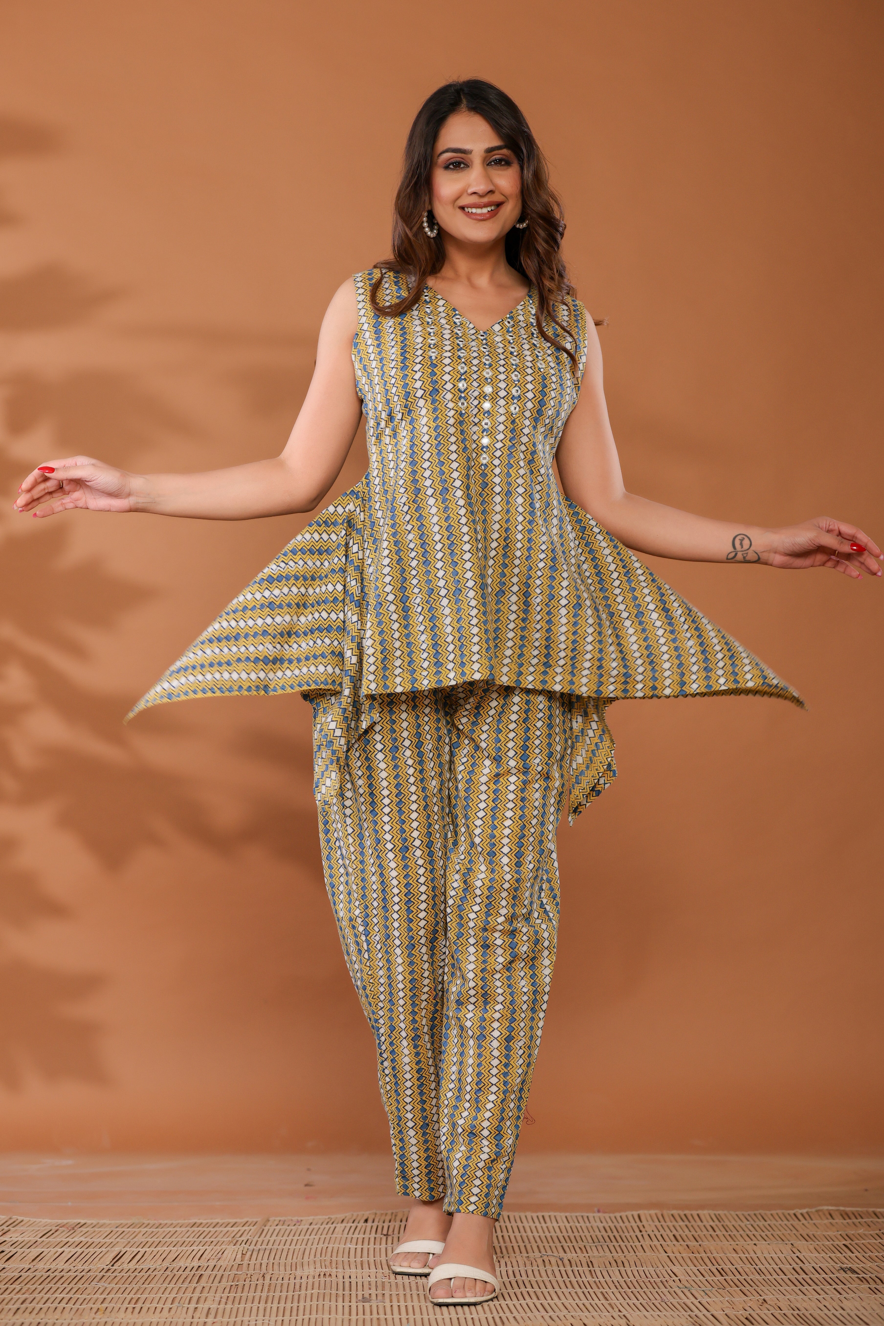 Golden Haze Yellow Cotton Hand Block Printed Co- Ord Set  - By Ragavi - qivii