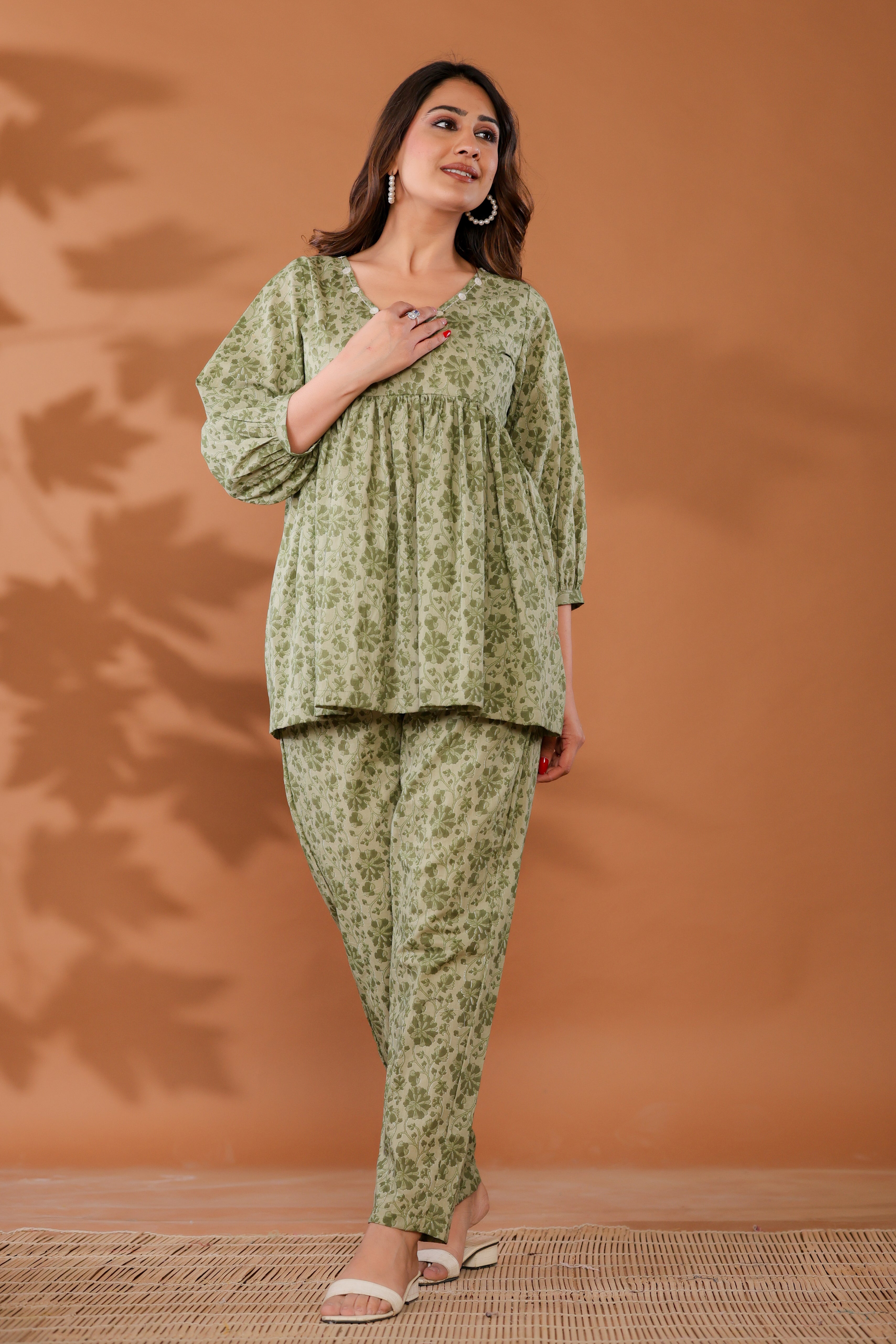 Meadow Green Cotton Hand Block Printed Co- Ord Set  - By Ragavi - qivii