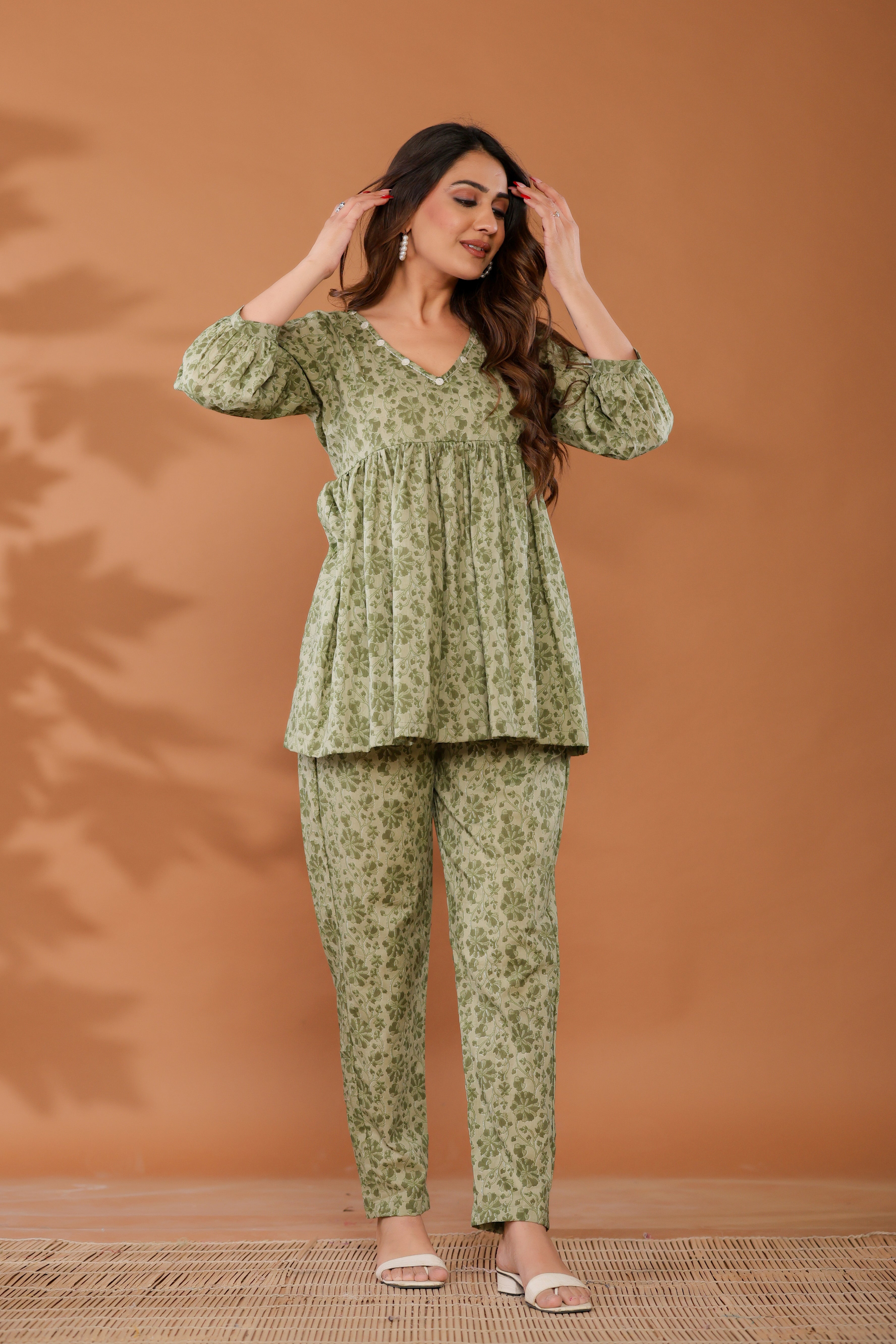 Meadow Green Cotton Hand Block Printed Co- Ord Set  - By Ragavi - qivii