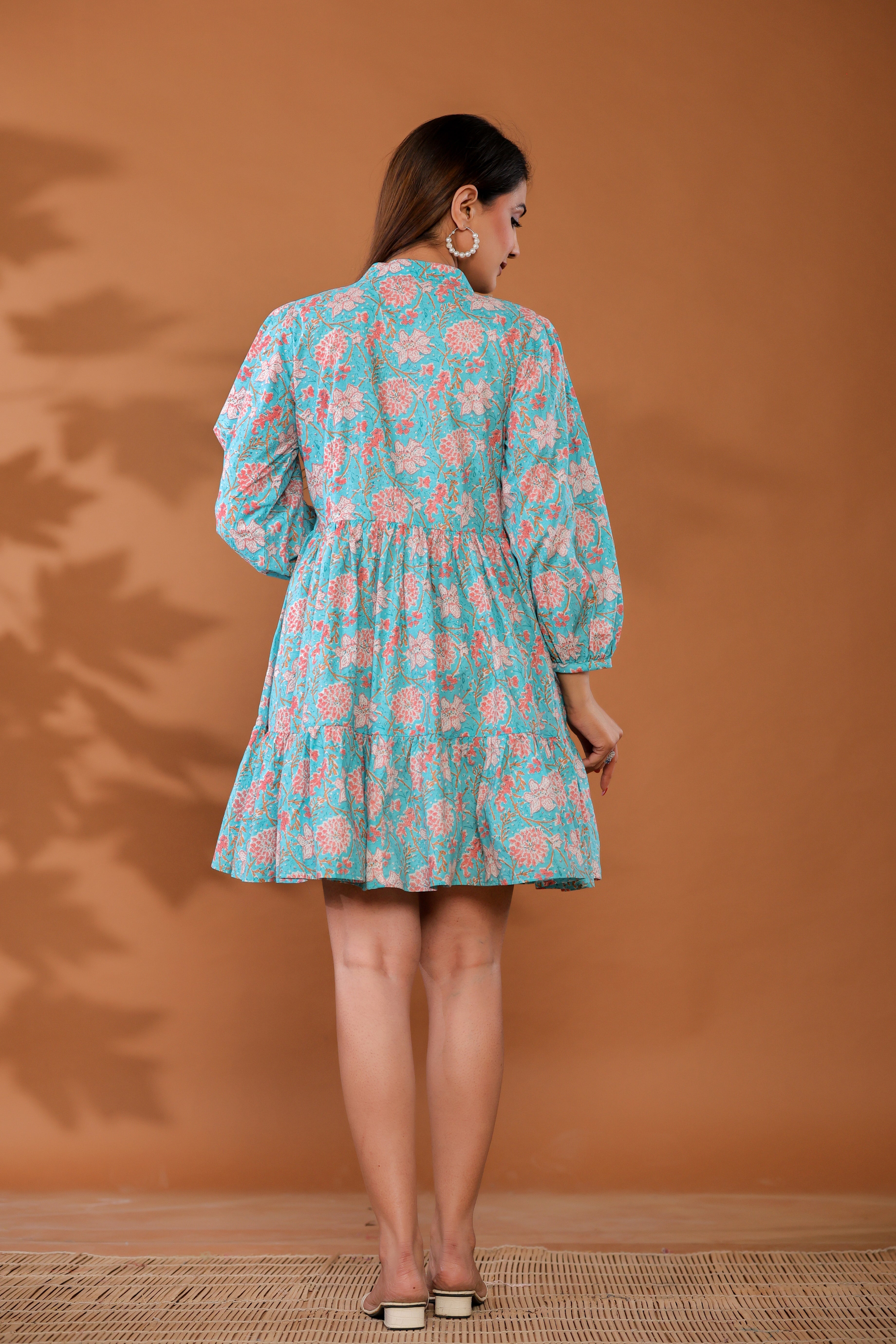 Ice Water Blue Cotton Hand Block Printed Mini Dress  - By Ragavi - qivii