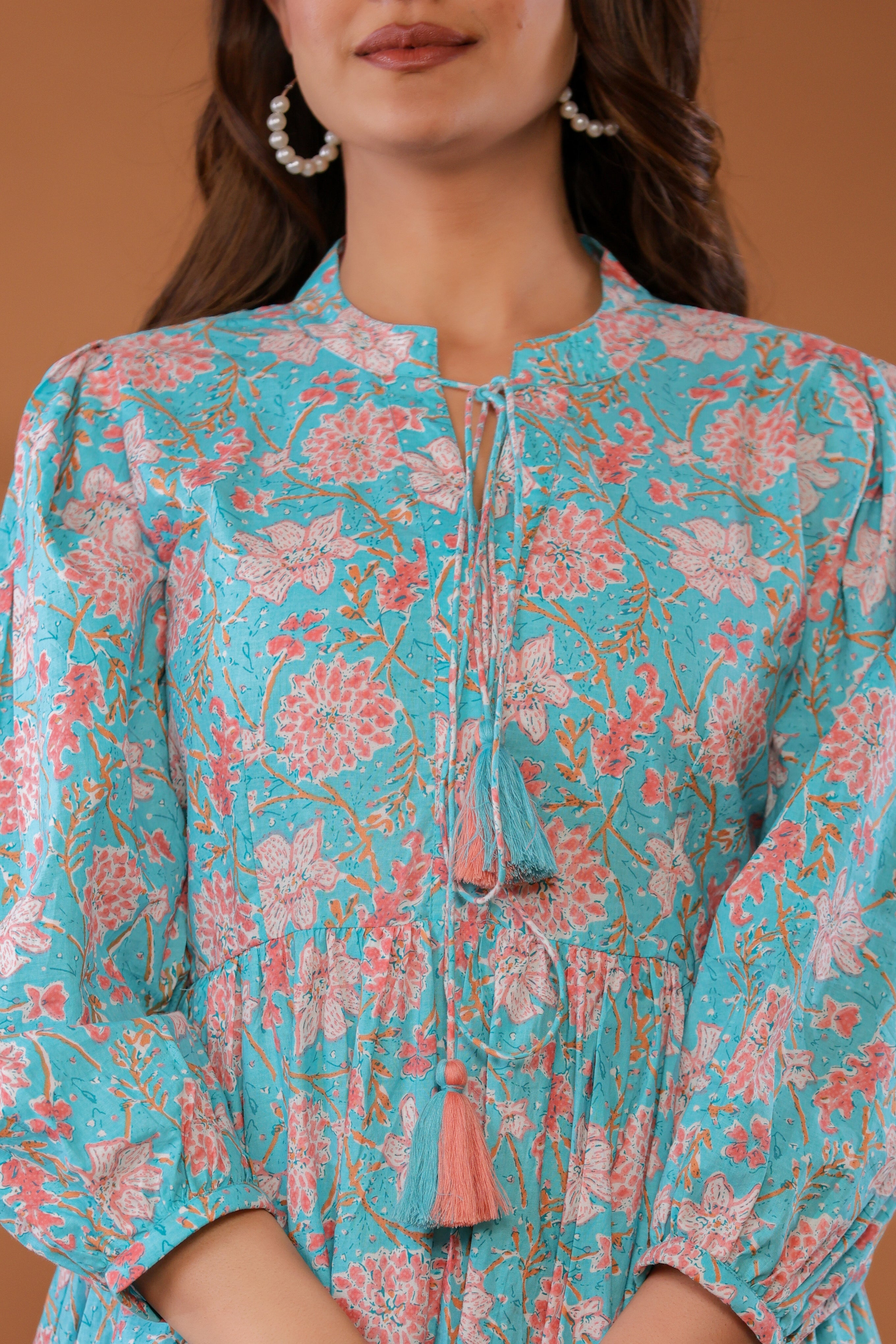 Ice Water Blue Cotton Hand Block Printed Mini Dress  - By Ragavi - qivii