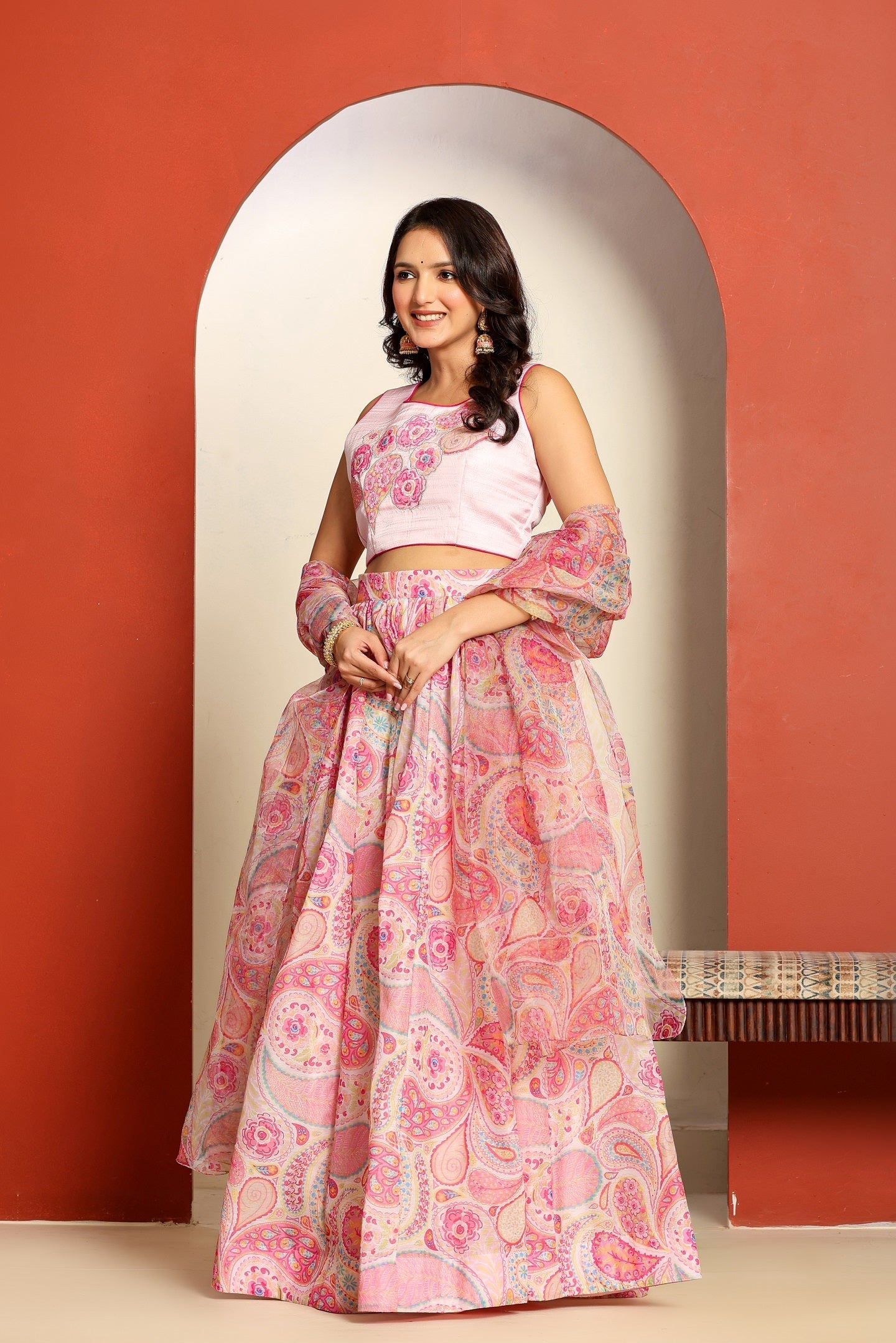 Ragavi Pastel Pink Paisley Printed Lehenga Set with Dupatta