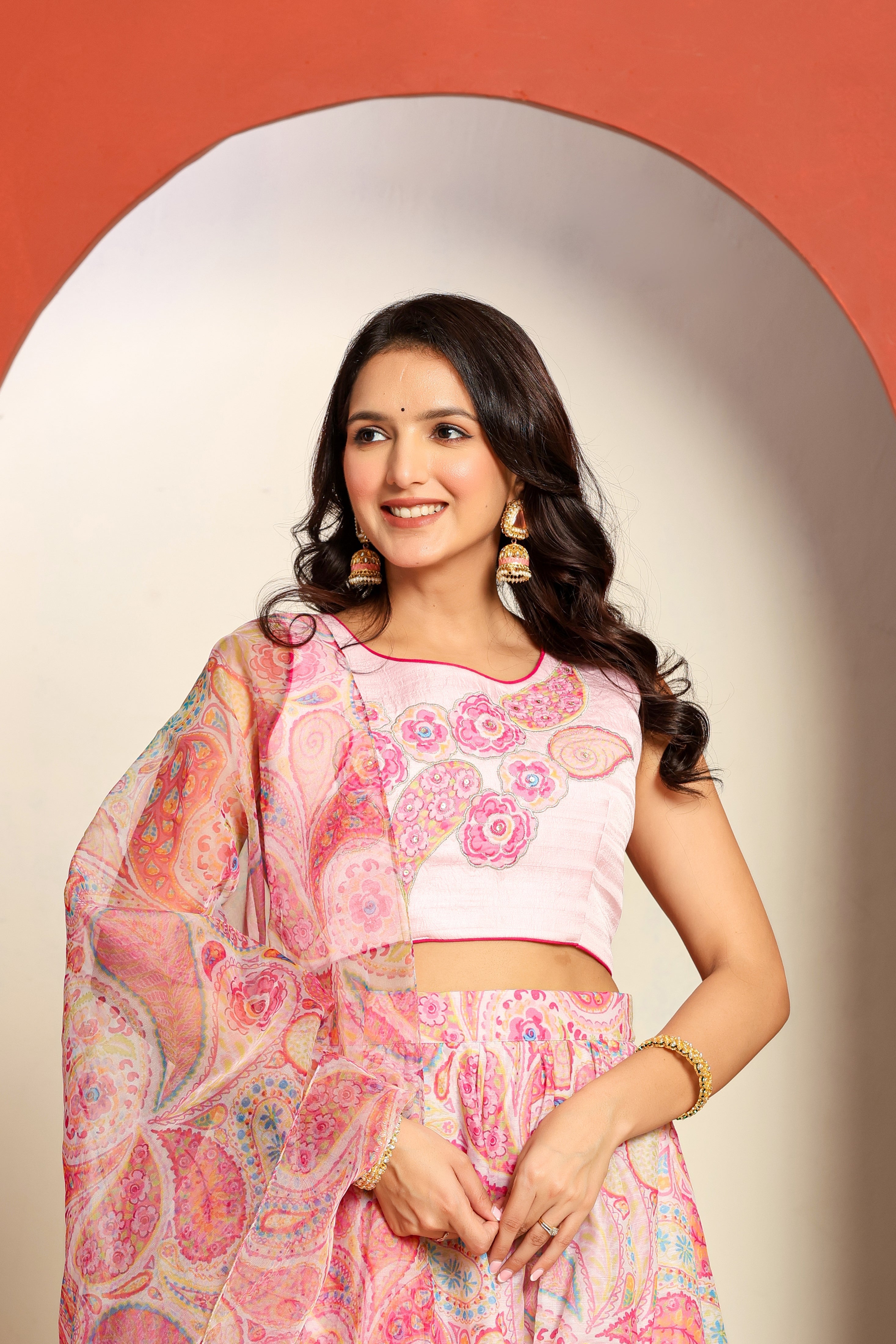 Ragavi Pastel Pink Paisley Printed Lehenga Set with Dupatta