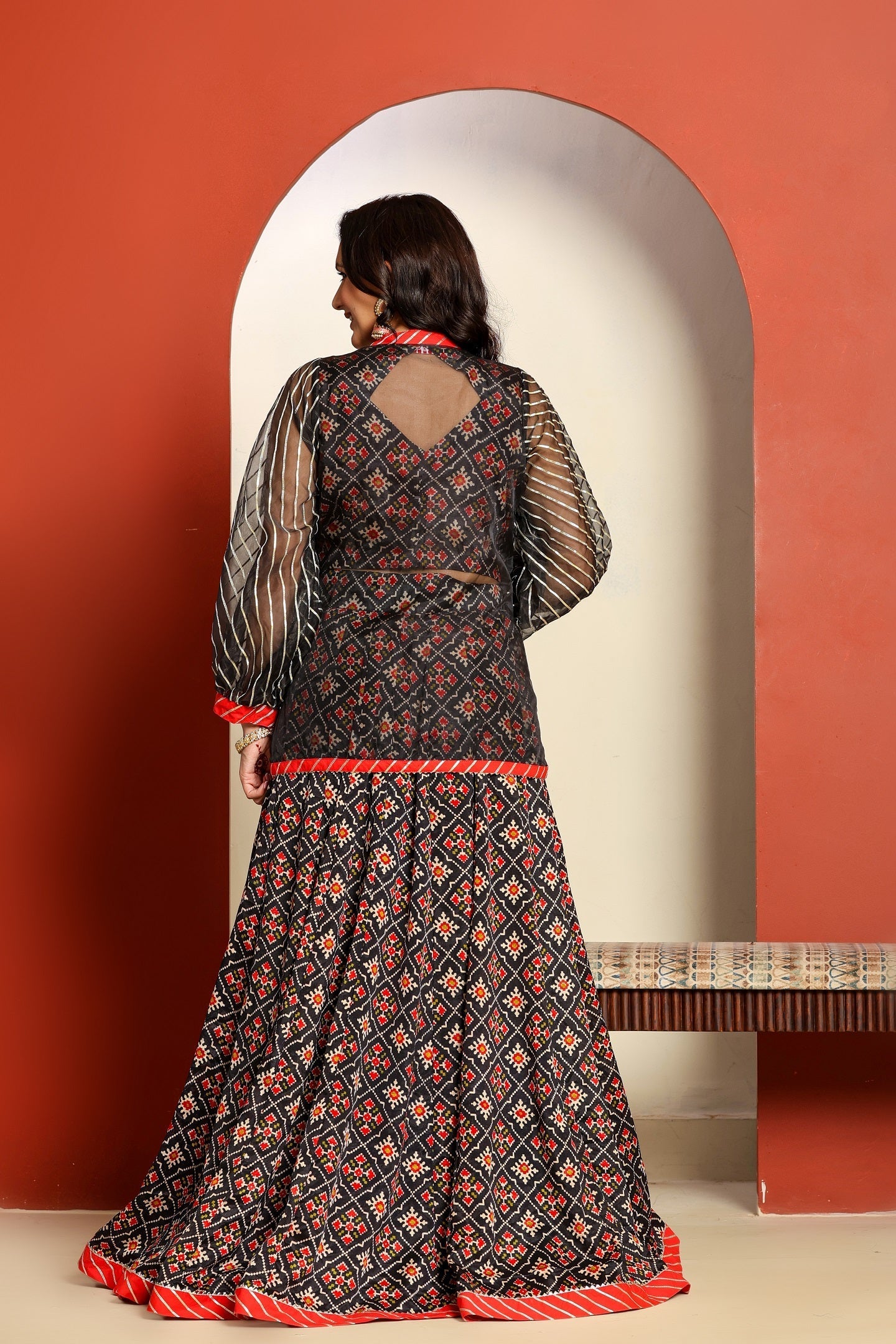 Ragavi Black and Red Printed Lehenga Set with Sheer Jacket