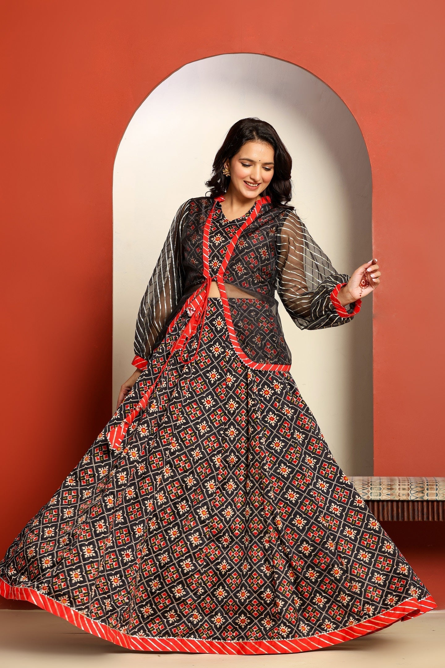Ragavi Black and Red Printed Lehenga Set with Sheer Jacket