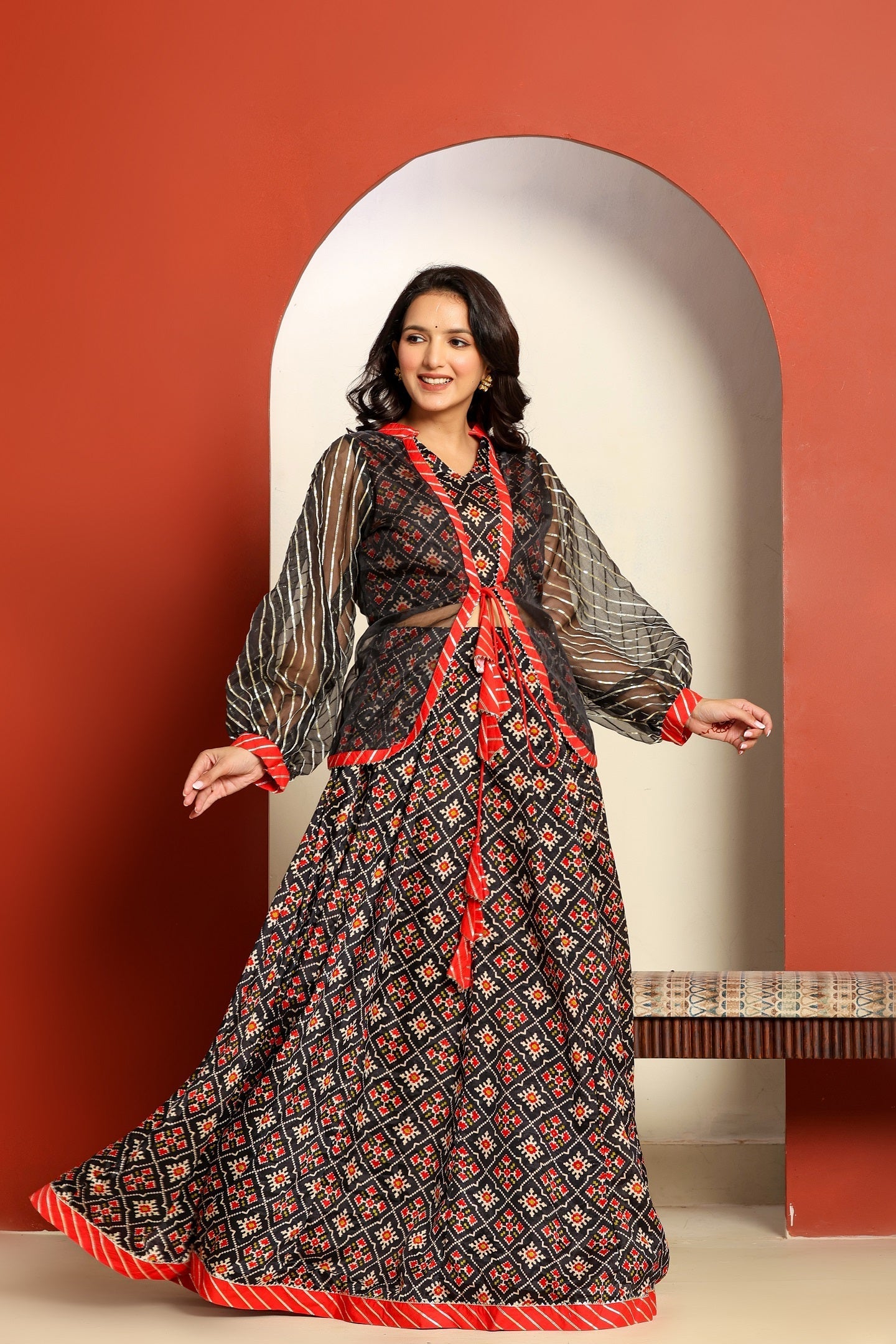 Ragavi Black and Red Printed Lehenga Set with Sheer Jacket
