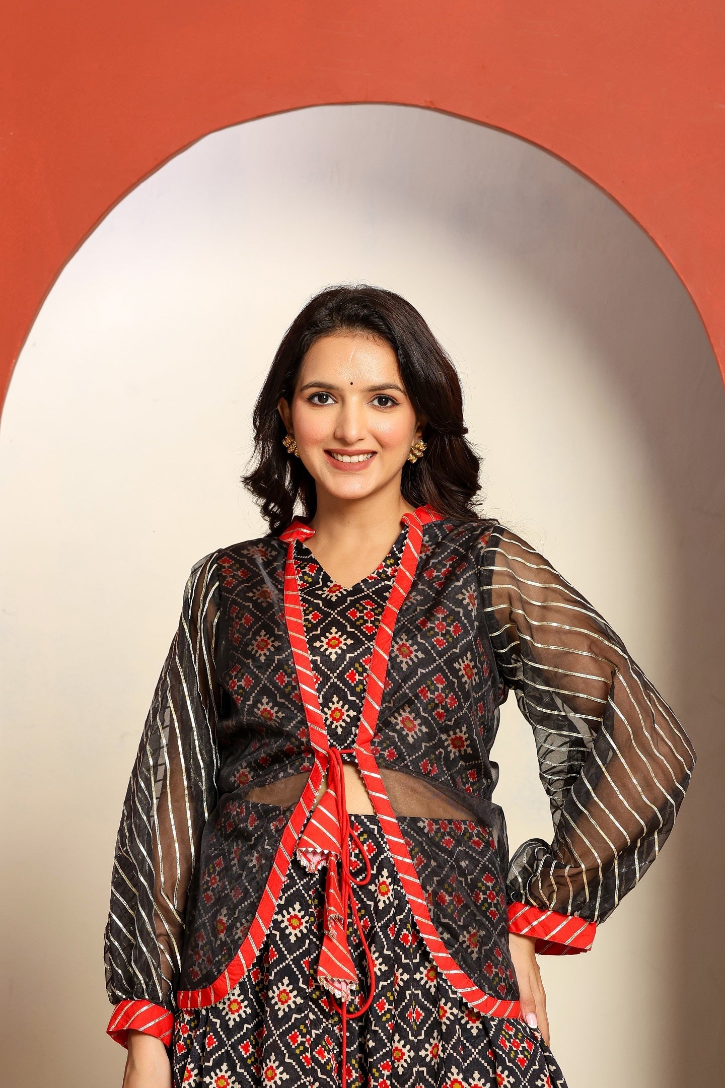 Ragavi Black and Red Printed Lehenga Set with Sheer Jacket