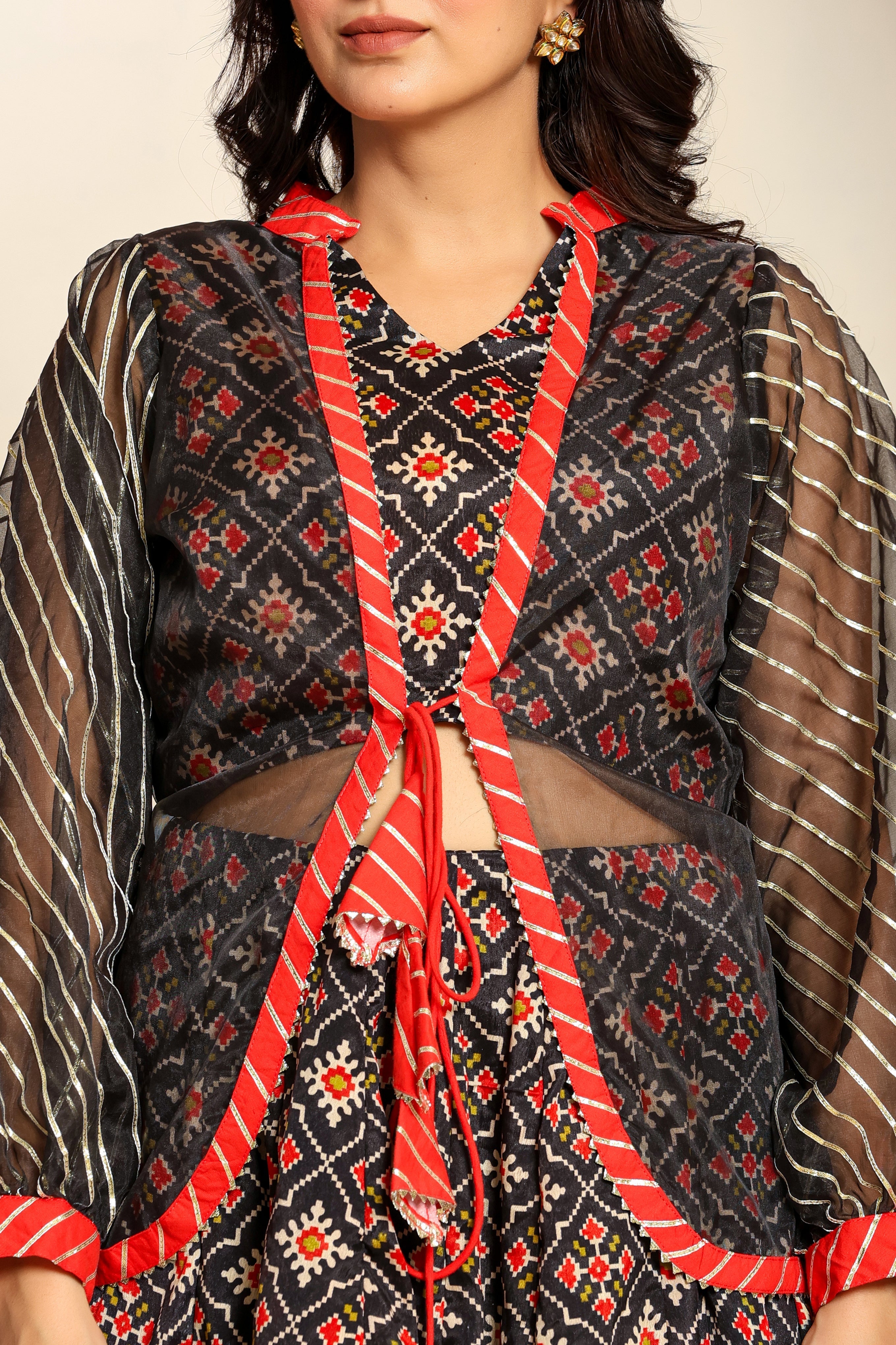 Ragavi Black and Red Printed Lehenga Set with Sheer Jacket