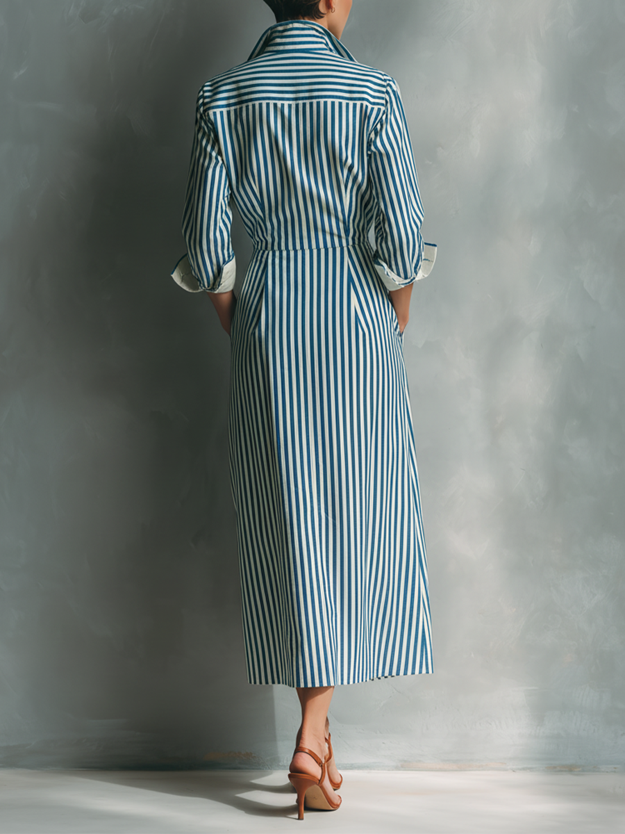 Women's Blue And White Cotton Striped Shirt Dress With Red Chest Pocket MDZ1286C2T