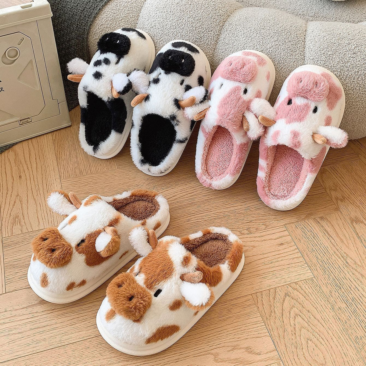 Women's Bessie Cow Plush Slippers - Cute Cow Face Winter House Shoes with Non-Slip Sole (US 5-11)