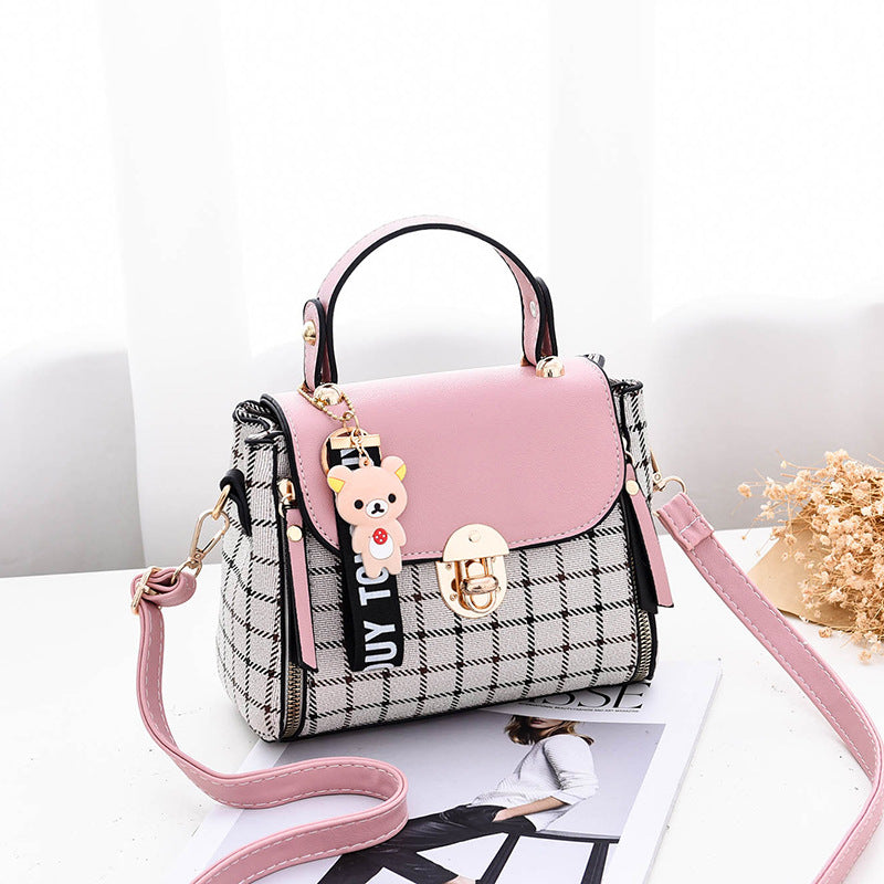 Women's Tartan-Trim Mini Crossbody - 3-Way Convertible Bag w/ Color-Block & Enamel Charms, Textured PU Small Purse