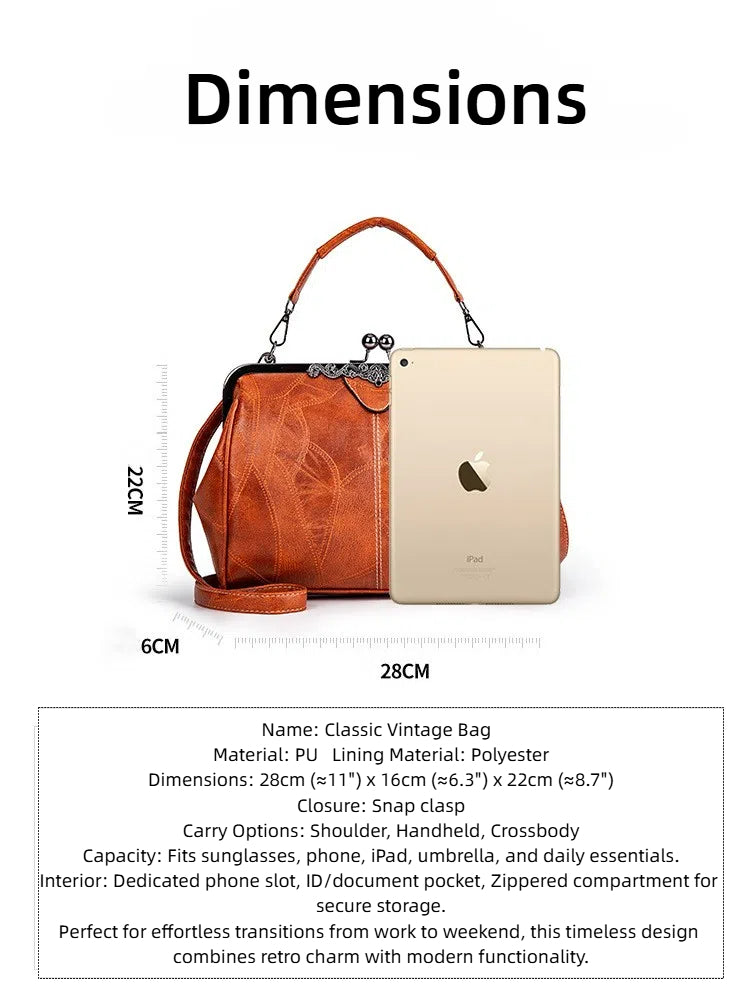 Women's British Vintage Oversized Bag – Multi-Way Shoulder/Tote Bag with Clip Closure