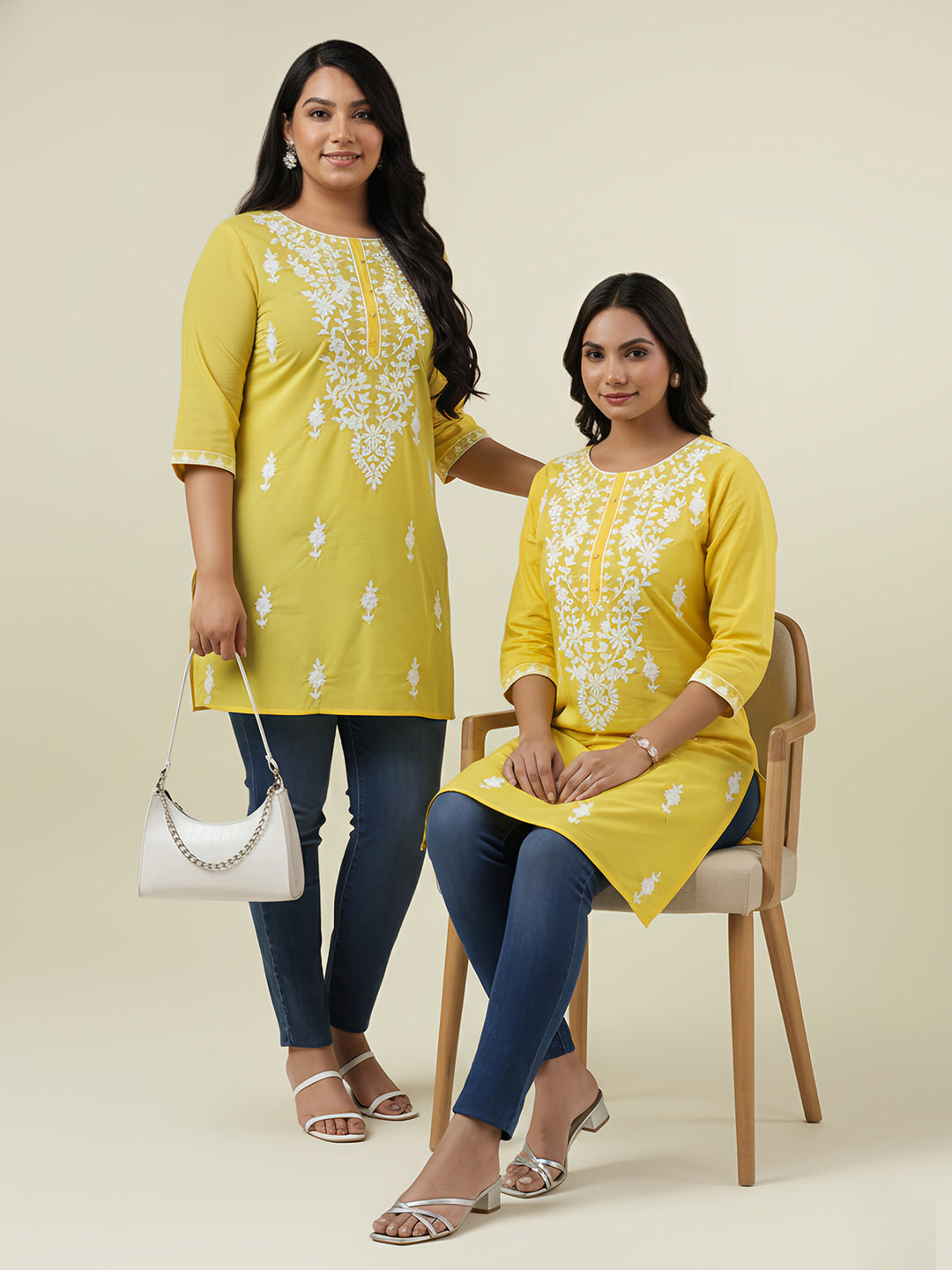 Plus Size Yellow Cotton Chikankari Regular Tunic - qivii