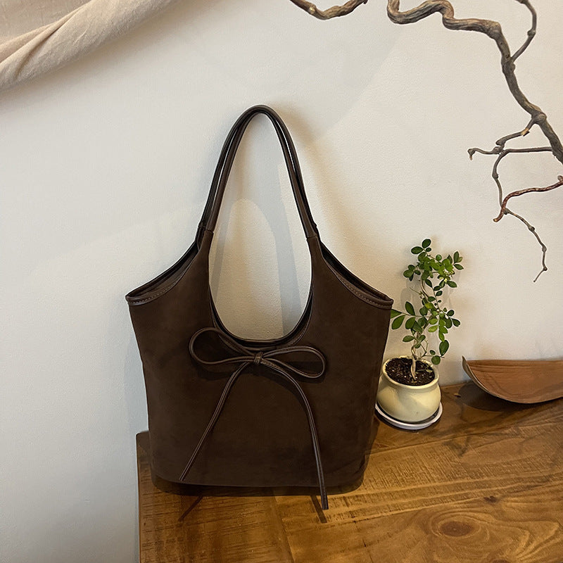 Women's Vintage Matte Tote Bag – Oversized Bow-Accent Shoulder Bag with Crossbody Strap