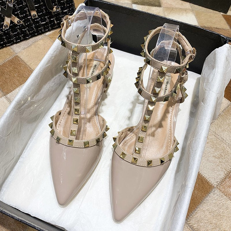 Women’s Studded Pointed Toe Low Heels – Chunky Rivet Sandals (US 4–8.5)