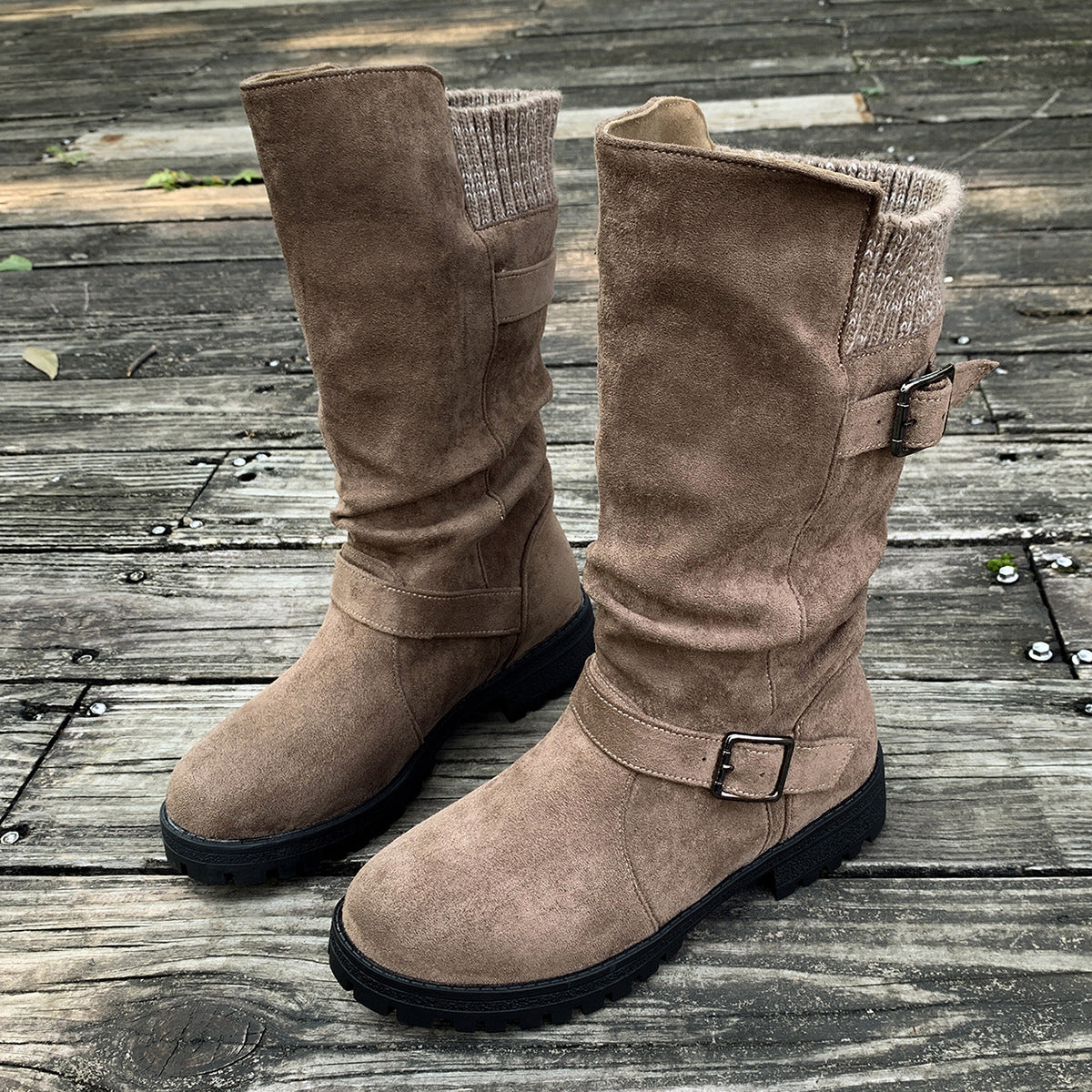 Women’s RanchWrap Buckle Mid-Calf Suede Boots – Knit Cuff Western-Style Slouchy Shoes (US 5–10.5)