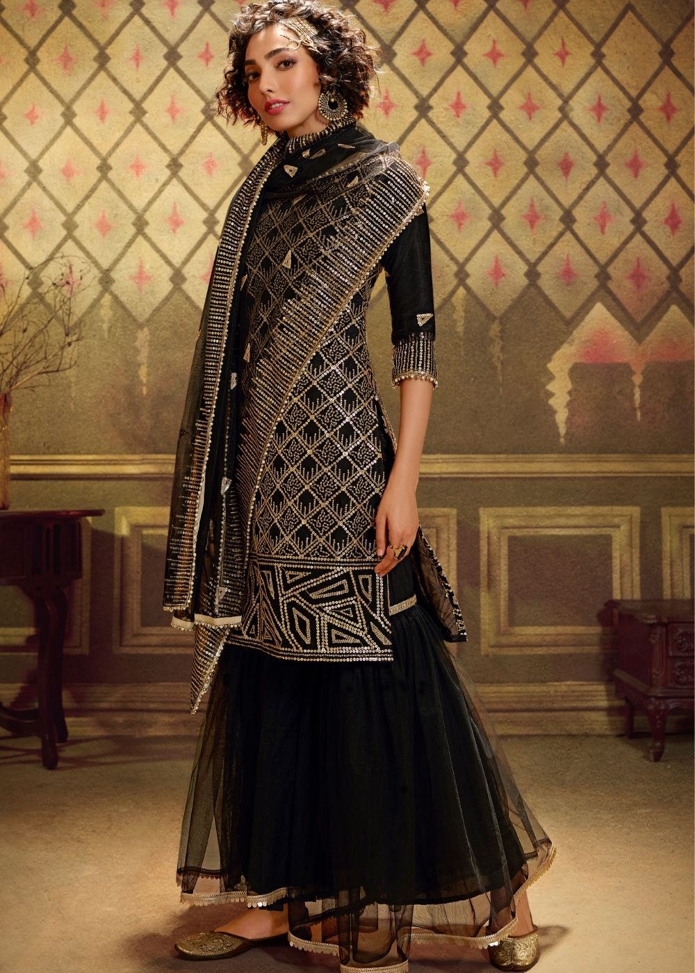 Midnight Black Designer Soft Net Sharara Suit with overall Sequins work - qivii