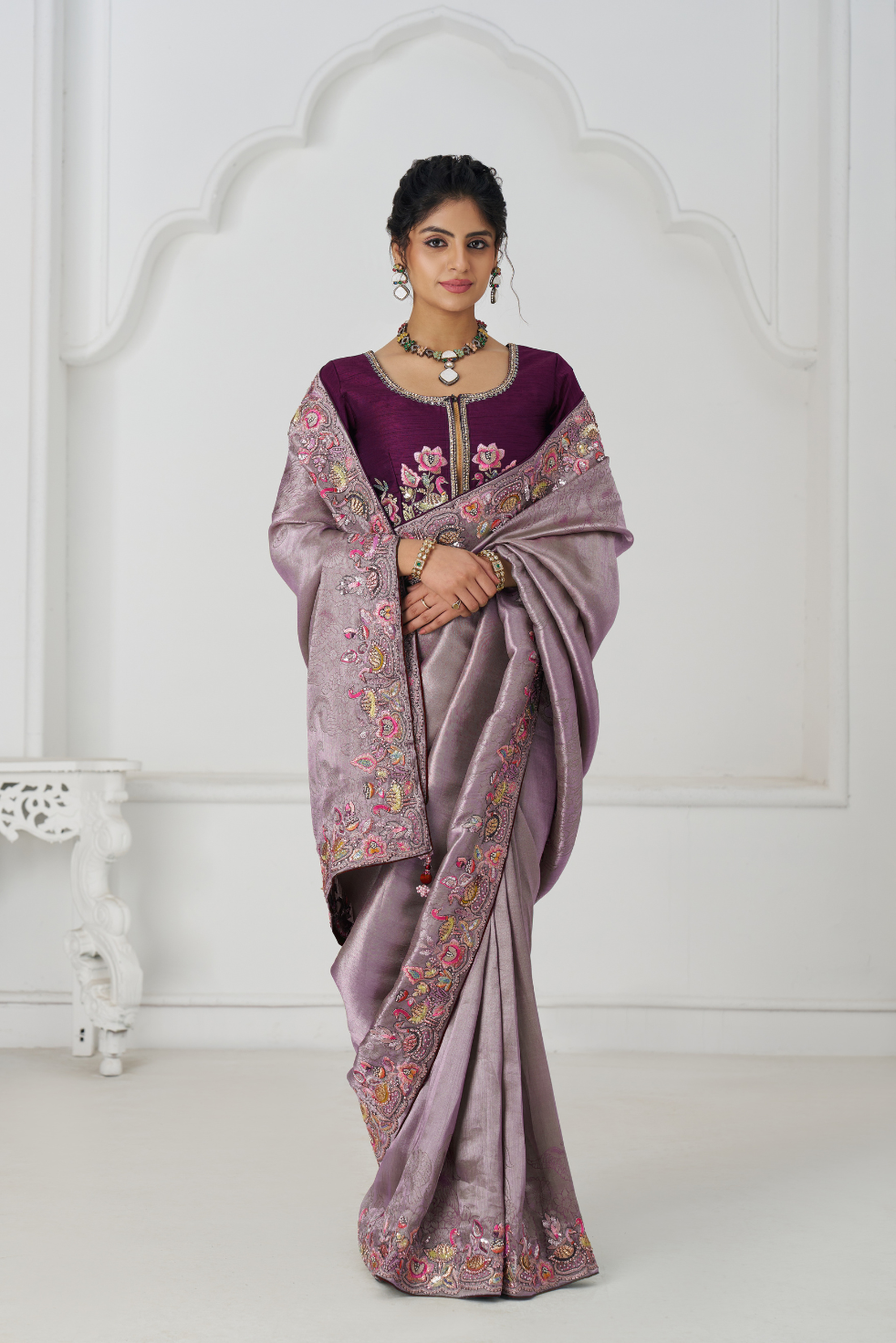 Stunning Mauve Color Saree With Multi-thread And Sequins Embroidery - qivii