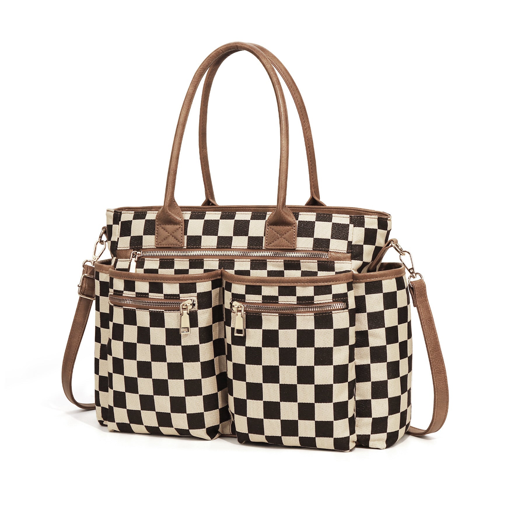 Ounamei Large Checkered Tote Bag for Women | Multi-Pocket Crossbody Shoulder Handbag for Work & Daily Use