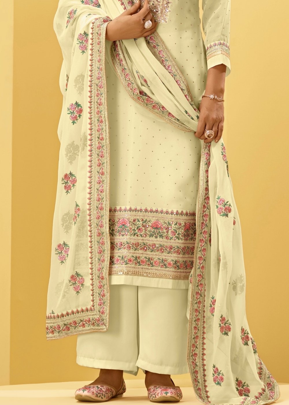 Light Yellow Georgette Salwar Suit with Thread, Zari & Cording Embroidery work - qivii