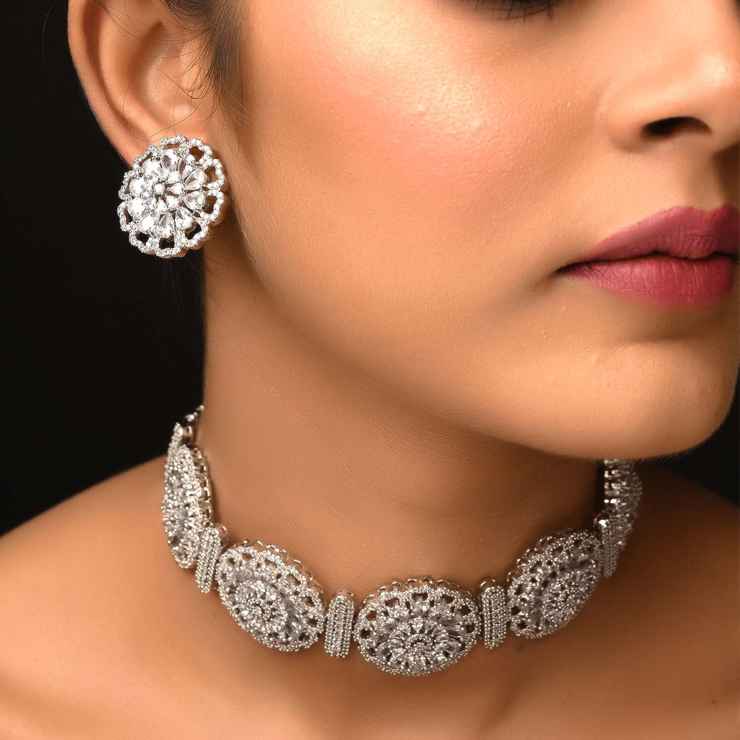 Neeshad Diamond Silver Plated Necklace Set