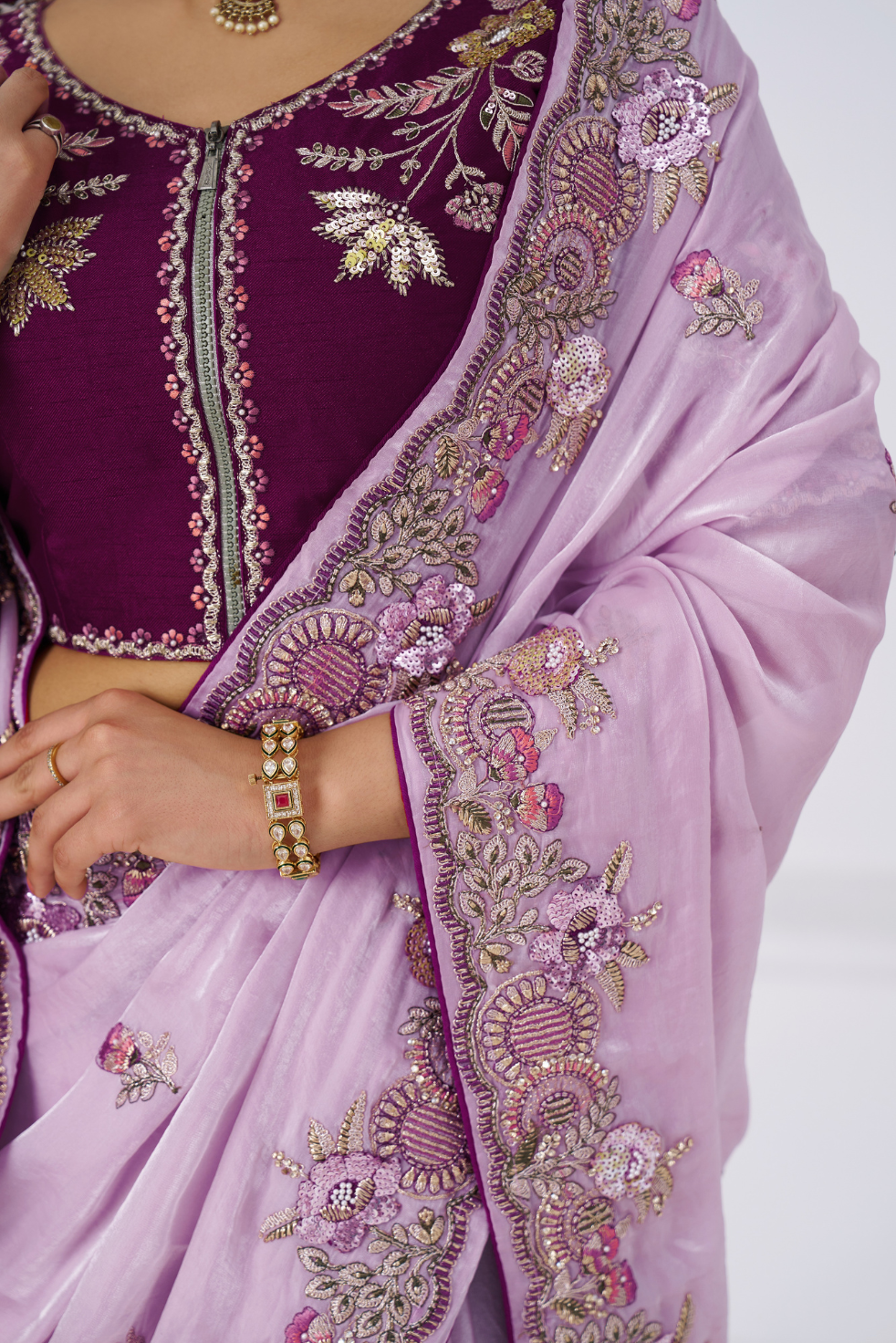 Mauve Color Saree In Zari & Sequin Work On Luxurious Fendi Fabric - qivii