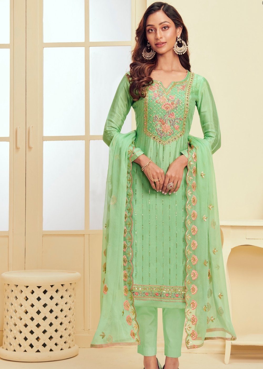 Seafoam Green Georgette Salwar Suit with Thread & Zari Embroidery work - qivii