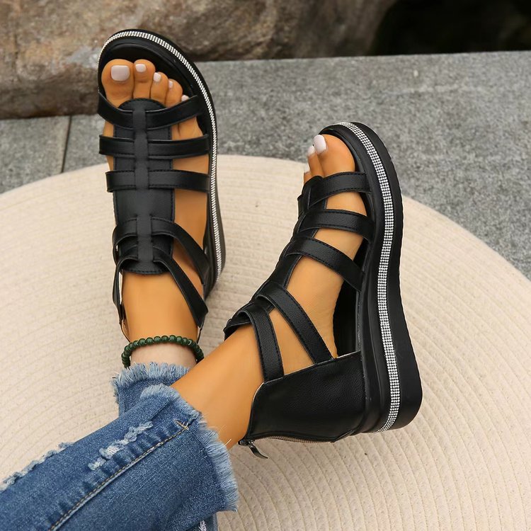 Women’s Plus Size Roman Zipper Sandals - Adjustable Ankle-Strap Slide Sandals with Height Boost for Summer