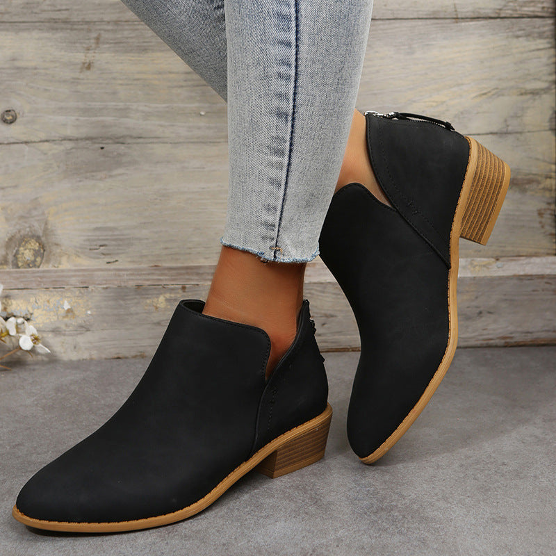 Plus Size Women's British-Inspired Solid-Color Pointed Toe Casual Fashion Boots with Rear Zipper & Low Chunky Hee