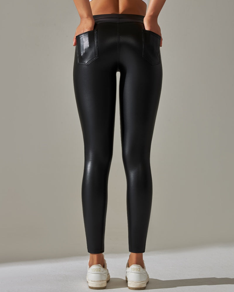 PU leather Pants High Waist Tight Sports Yoga Pants Slim  - By Qivii