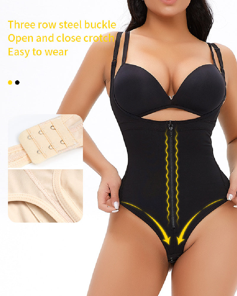 Women's Sexy Tummy Control Open Bust Body Shaper Zipper Plus Size Thong Shapewear  - By Qivii