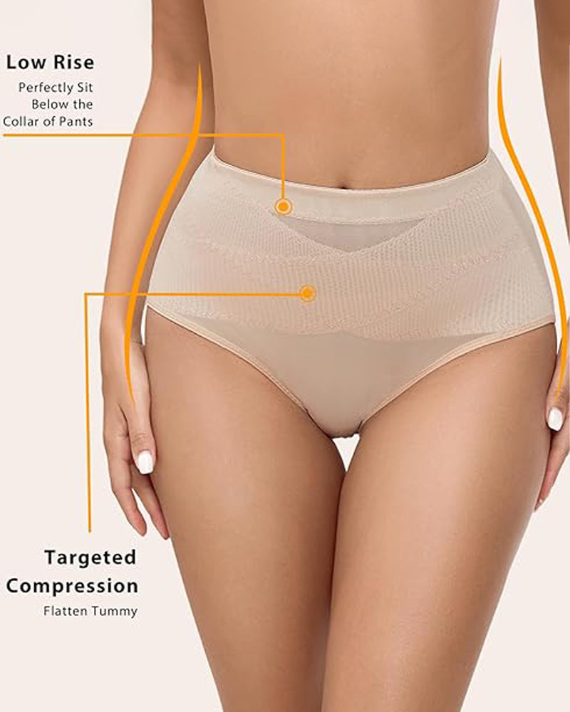 Mid Rise Cross Compression Shapewear Underwear Mesh Tummy Control Shaping Panty  - By Qivii