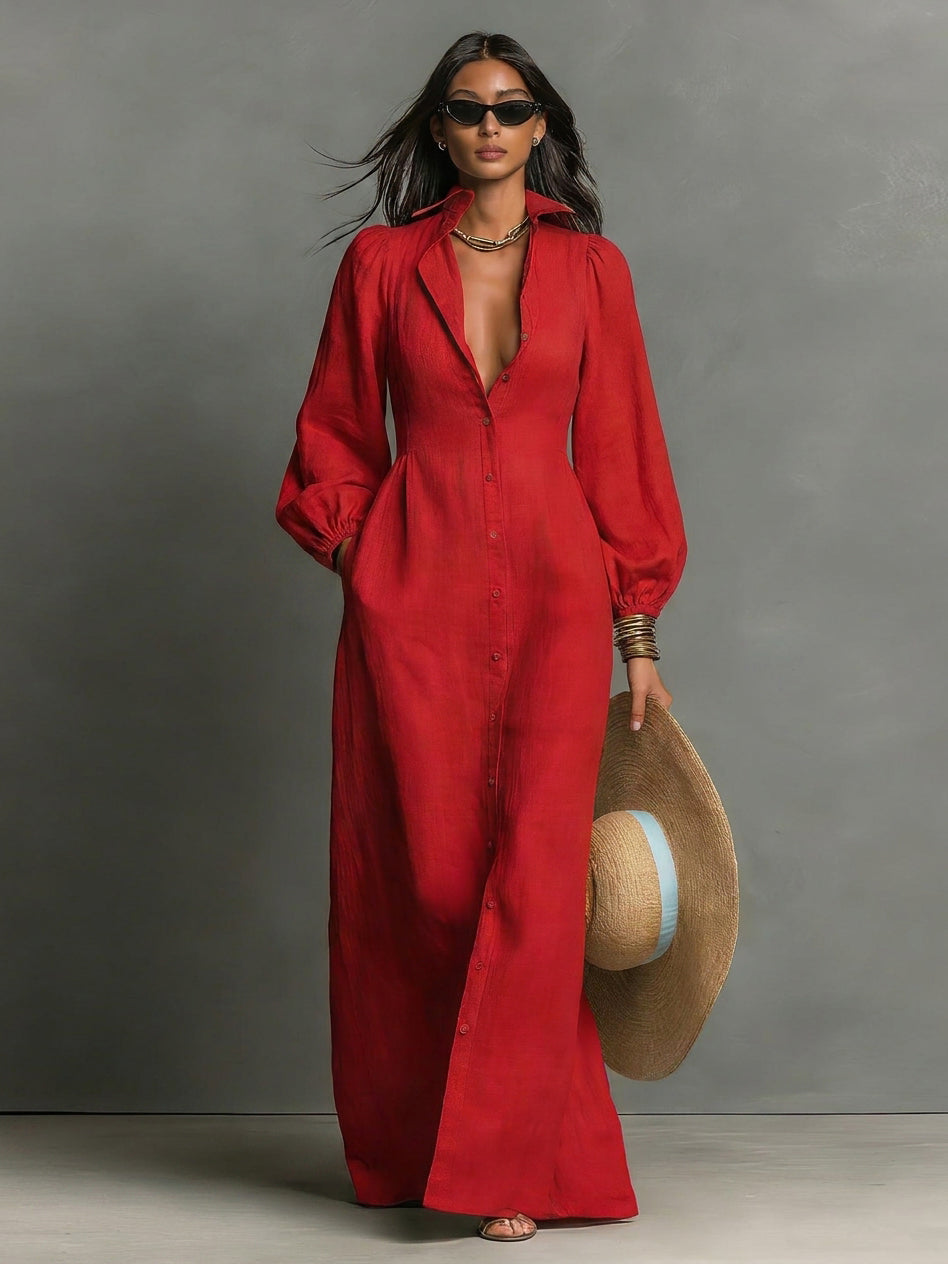 Women's Minimalist Single-breasted Long-sleeve Maxi Dress With A Fitted Waist MDZ0482H3WY