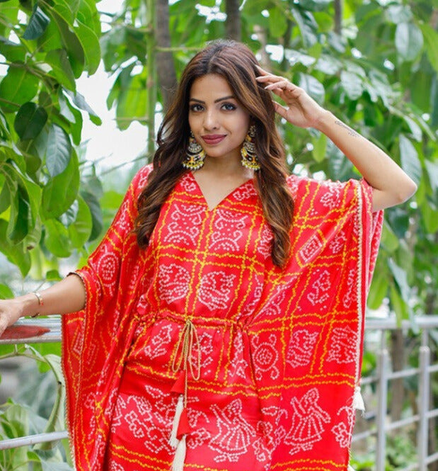 Red Pure Gaji Silk Digital Print with Gotta Patti Lace Border also comes with tassels Kaftan Dress