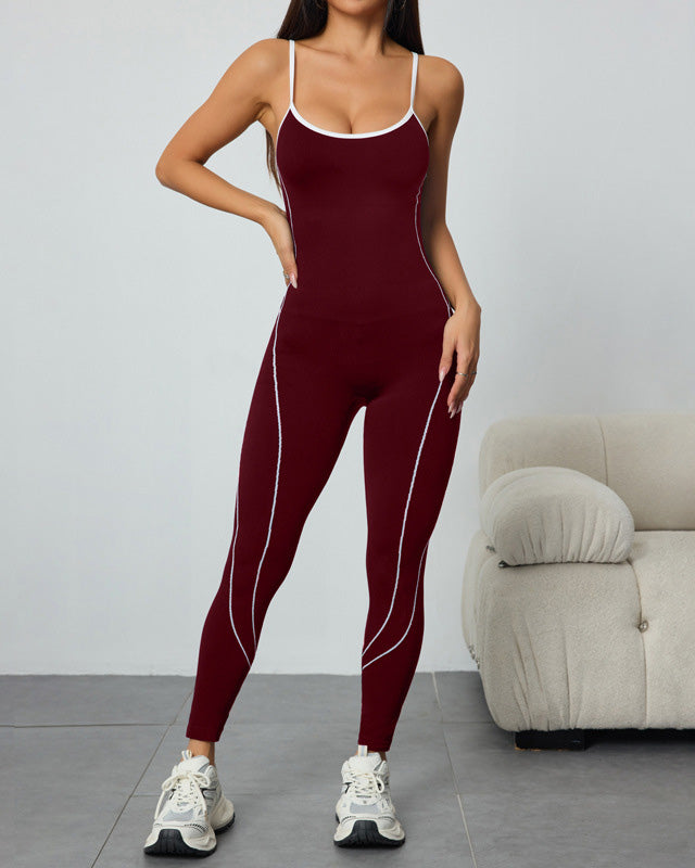 Seamless Athletic Jumpsuit Cross-Strap Color-Block Full-Length Bodysuit  - By Qivii