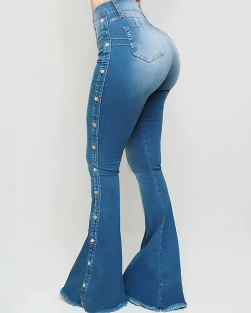 Women's Zipper Fly Side Buttons Vintage Mopping Flared Jeans  - By Qivii