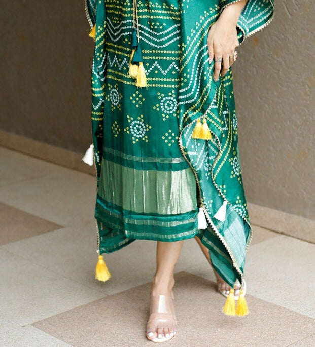 Elegant Dark Green Gaji Silk Kaftan Dress with Tassels and Digital Print