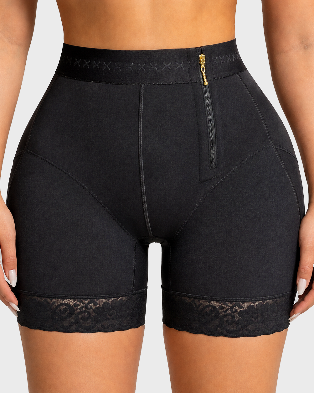 High Waist Side Zip Butt‑Lifting Lace Hem Shaping Shorts