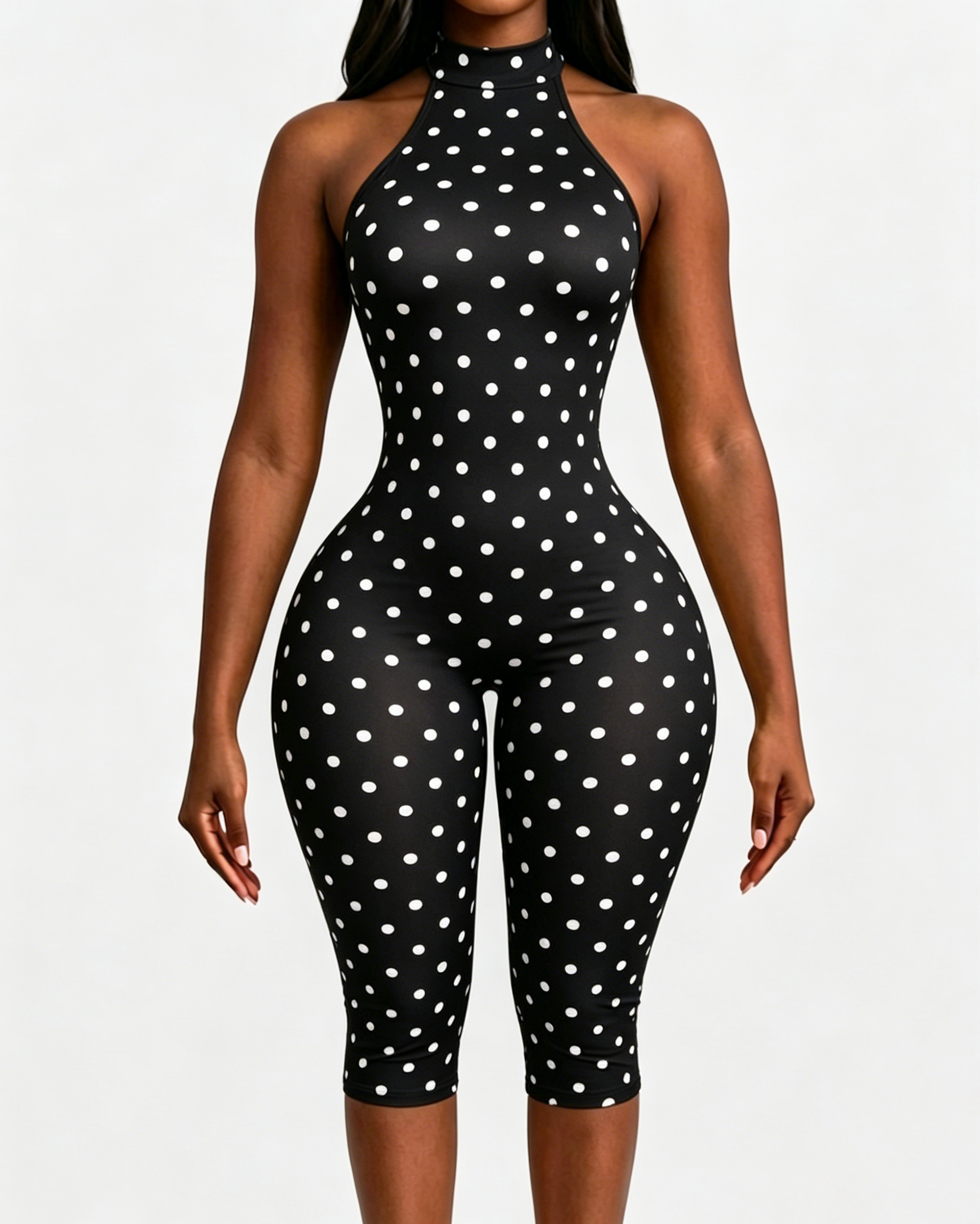 Polka Dot Halter Neck Backless Slim-Fit Stretch Capri Jumpsuit  - By Qivii