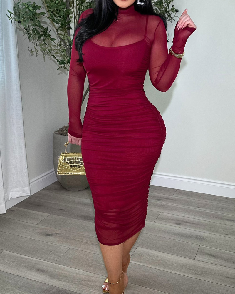 Women's Ruched Mesh Sheer Mock Neck Long Sleeve Midi Bodycon Dress  - By Qivii