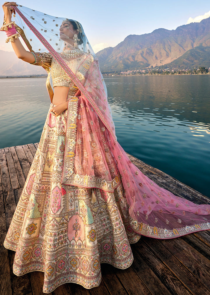 Traditional Banarasi silk bridal lehenga choli in cream white color