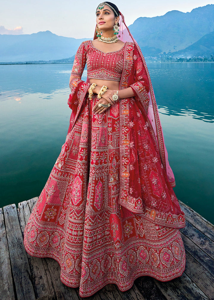 Pink & Red Banarasi Silk Bridal Lehenga Choli with Heavy Embroidery Work