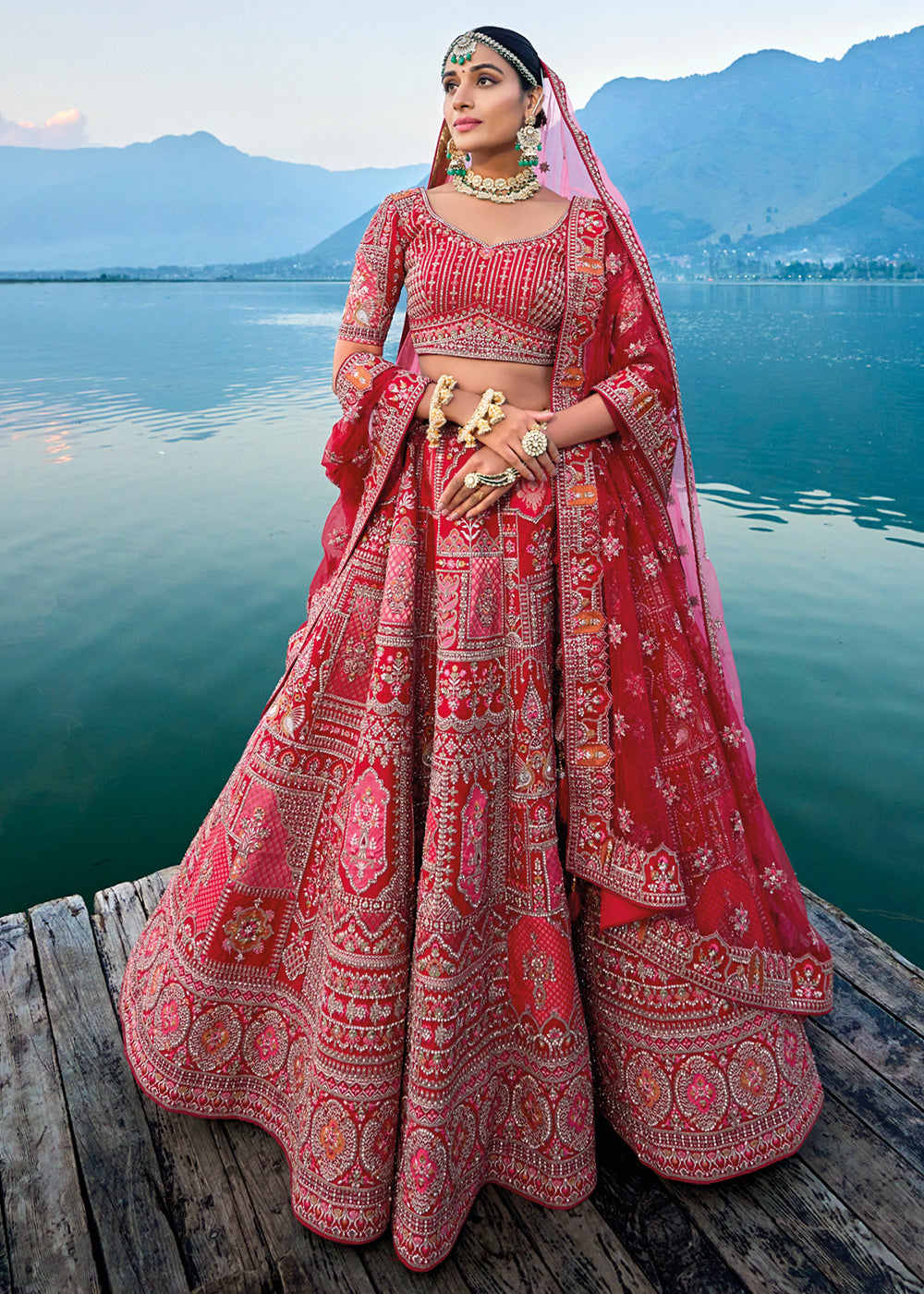 Pink & Red Banarasi Silk Bridal Lehenga Choli with Heavy Embroidery Work